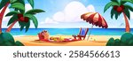 Beach picnic scene with wicker basket, sandwich and fruits on red blanket, lounger under striped umbrella. Sandy shore landscape surrounded by palm trees, blue ocean and white clouds in sunny sky.