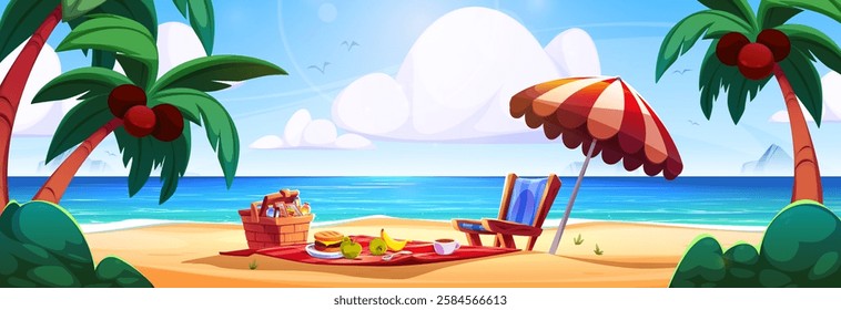 Beach picnic scene with wicker basket, sandwich and fruits on red blanket, lounger under striped umbrella. Sandy shore landscape surrounded by palm trees, blue ocean and white clouds in sunny sky.