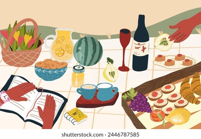 Beach picnic still life. Blanket with food and alcohol served for a romantic date. Basket with flowers, croissants, fruit, berries, bottle of wine and snacks. Colorful flat vector illustration. 