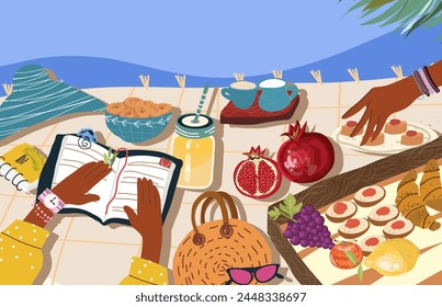 Beach picnic still life. Blanket with food and alcohol served for a romantic date. Basket with flowers, croissants, fruit, berries, bottle of wine and snacks. Colorful flat vector illustration. 