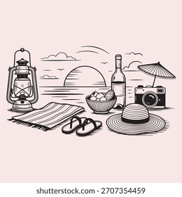 Beach Picnic and Sunset Scene Doodle Illustration vector