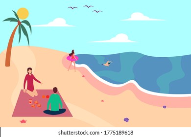 Beach picnic vector concept: couple of teenagers having a picnic while their friends swimming at the beach