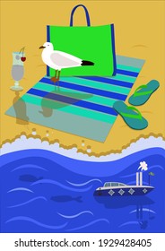 Un cuadro de playa con gaviota y accesorios de playa.