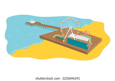  beach pier and amusement park. Sandy beach with inflatable water slides and playground and skating park. Doodle vector illustration