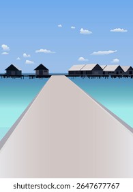 Praia com píer e bangalô no horizonte vetor ilustração projeto com imagem de bangalô na água, que é típico para regiões de resort tropical. Água limpa e paisagem colorida com céu azul 