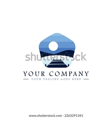 Beach Pier Dock Logo Design with Sun and Mountain Illustration Badge