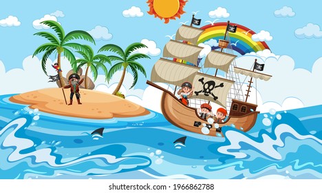 Beach with Pirate ship at daytime scene in cartoon style illustration