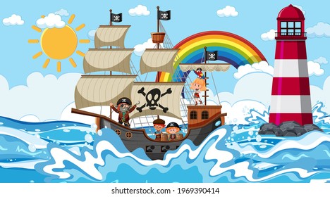 Beach with Pirate ship at daytime scene in cartoon style illustration