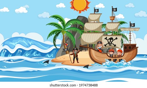Beach with Pirate ship at daytime scene in cartoon style illustration