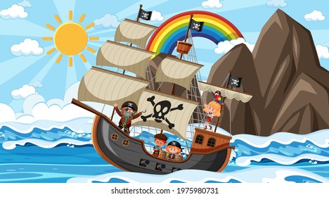 Beach with Pirate ship at daytime scene in cartoon style illustration