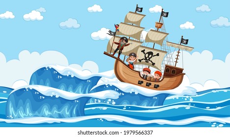 Beach with Pirate ship at daytime scene in cartoon style illustration