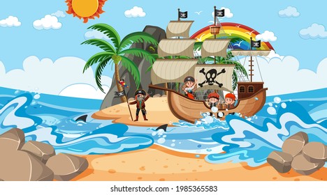 Playa con barco pirata en la escena diurna en ilustración de estilo caricaturista