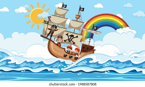 Beach with Pirate ship at daytime scene in cartoon style illustration