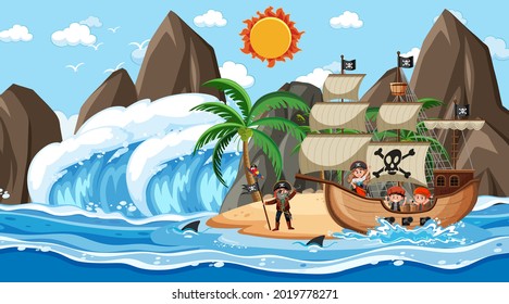Beach with Pirate ship at daytime scene in cartoon style illustration