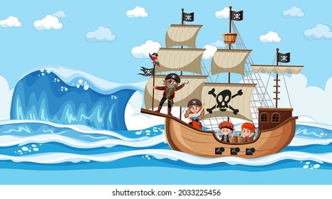 Beach with Pirate ship at daytime scene in cartoon style illustration