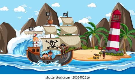 Beach with Pirate ship at daytime scene in cartoon style illustration