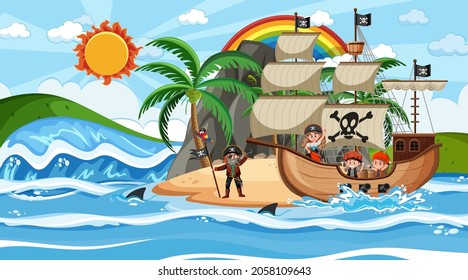 Beach with Pirate ship at daytime scene in cartoon style illustration