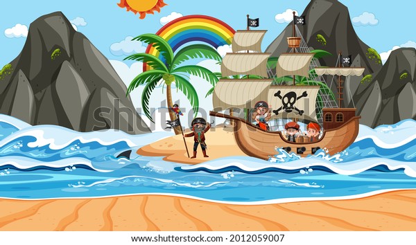 Beach Pirate Ship Daytime Scene Cartoon Stock Vector (Royalty Free ...