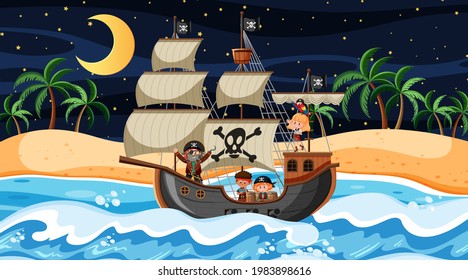 Beach with Pirate ship at night scene in cartoon style illustration