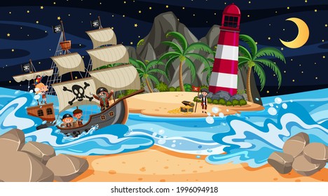 Beach with Pirate ship at night scene in cartoon style illustration