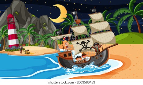Beach with Pirate ship at night scene in cartoon style illustration
