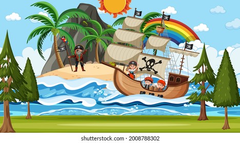 Beach with Pirate ship at night scene in cartoon style illustration