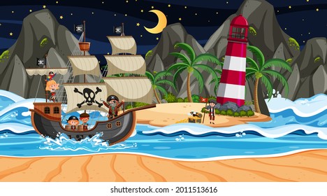 Beach with Pirate ship at night scene in cartoon style illustration