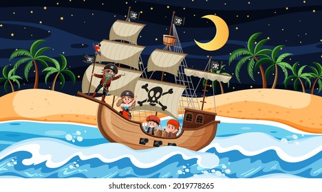 Beach with Pirate ship at night scene in cartoon style illustration