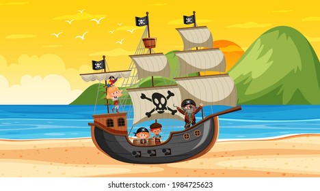 Beach with Pirate ship at sunset scene in cartoon style illustration