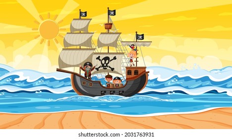 Beach with Pirate ship at sunset scene in cartoon style illustration