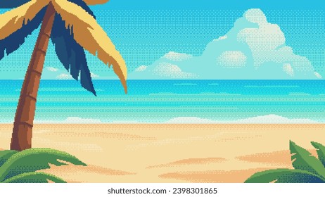 Beach pixel art background. 2d backdrop in 8-bit retro video game style.