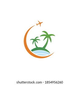 beach with plane island palm tree logo design illustration