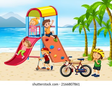 Beach playground with happy children illustration