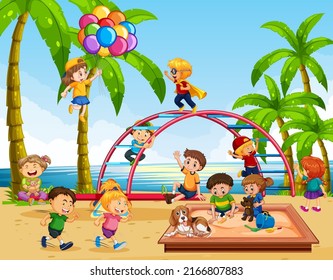 Beach playground with happy children illustration