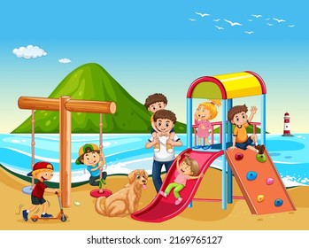 Beach playground with happy children illustration