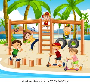 Beach playground with happy children illustration