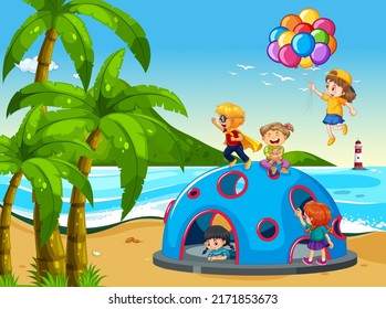 Beach playground with happy children illustration