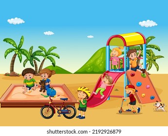 Beach playground with happy children illustration