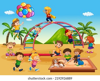 Beach playground with happy children illustration