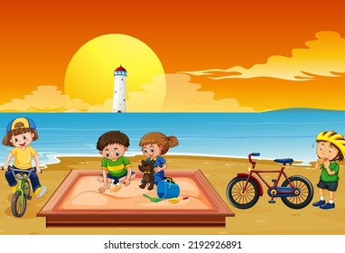 Beach playground with happy children illustration