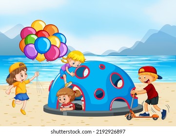 Beach playground with happy children illustration