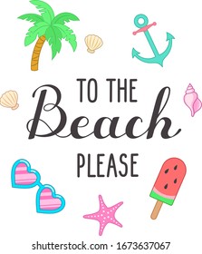Bitte schreiben Sie am Strand. Briefe mit Palmen, Muscheln, Anker, Wassermeloneis, Sonnenbrillen. Vektorillustration einzeln