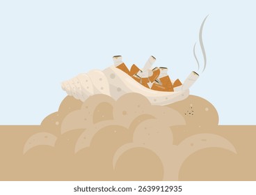 Beach pollution environmental contamination illustration. Ocean waste plastic debris on sandy shore with smoke. Ecological disaster. World clean up day concept. cigarette butts. Vector illustration