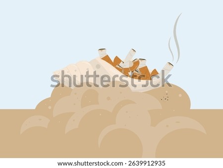 Beach pollution environmental contamination illustration. Ocean waste plastic debris on sandy shore with smoke. Ecological disaster. World clean up day concept. cigarette butts. Vector illustration