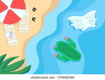 Beach and pool floats flat color vector illustration. Empty tourist beach with parasol and beds. Tropical vacations. Seaside resort 2D cartoon landscape with nature on background