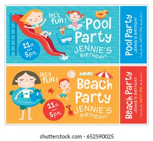 Beach and pool party. Birthday invitations. Beach and pool party. Vector isolated illustrations.