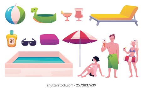 Beach or pool resort accessories and objects vector flat set. Beach umbrella, sunbed, inflatable toys, swimming pool, spf lotion, sunglasses and towel. Cartoon people enjoy cocktails drinks