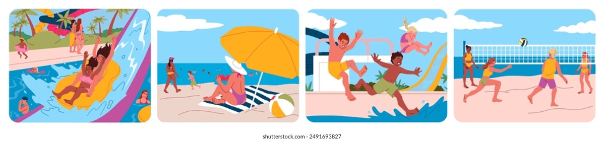 Piscina de playa. Fiesta de verano. Parque acuático. Toboganes acuáticos de diversión. Entretenimiento en el parque acuático. Pipa de baño nadando. Nado en familia y relax. Salpicadura alta. Atracciones del parque acuático. Vector vacaciones mar escenas de vacaciones conjunto