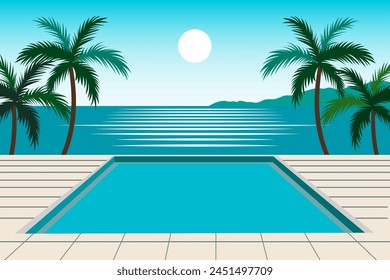 Piscina de playa. Piscina en el fondo de una playa paradisíaca con palmeras tropicales en el fondo del océano, las montañas y el sol. Ilustración vectorial de vacaciones de mar para el cartel o el diseño.