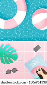 Beach and pool things paper art style with pastel color vector illustration